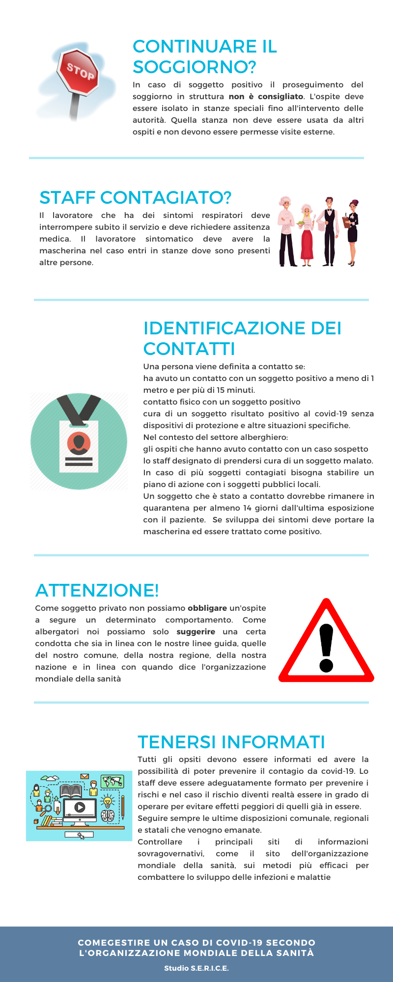 CONTINUARE IL SOGGIORNO? In caso di soggetto positivo il proseguimento del soggiorno in struttura non è consigliato. L'ospite deve essere isolato in stanze speciali fino all'intervento delle autorità. Quella stanza non deve essere usata da altri ospiti e non devono essere permesse visite esterne. STAFF CONTAGIATO? Il lavoratore che ha dei sintomi respiratori deve interrompere subito il servizio e deve richiedere assitenza medica. Il lavoratore sintomatico deve avere la mascherina nel caso entri in stanze dove sono presenti altre persone. IDENTIFICAZIONE DEI CONTATTI Una persona viene definita a contatto se: ha avuto un contatto con un soggetto positivo a meno di 1 metro e per più di 15 minuti. contatto fisico con un soggetto positivo cura di un soggetto risultato positivo al covid-19 senza dispositivi di protezione e altre situazioni specifiche. Nel contesto del settore alberghiero: gli ospiti che hanno avuto contatto con un caso sospetto lo staff designato di prendersi cura di un soggetto malato. In caso di più soggetti contagiati bisogna stabilire un piano di azione con i soggetti pubblici locali. Un soggetto che è stato a contatto dovrebbe rimanere in quarantena per almeno 14 giorni dall'ultima esposizione con il paziente. Se sviluppa dei sintomi deve portare la mascherina ed essere trattato come positivo. ATTENZIONE! Come soggetto privato non possiamo obbligare un'ospite a segure un determinato comportamento. Come albergatori noi possiamo solo suggerire una certa condotta che sia in linea con le nostre linee guida, quelle del nostro comune, della nostra regione, della nostra nazione e in linea con quando dice l'organizzazione mondiale della sanità TENERSI INFORMATI Tutti gli opsiti devono essere informati ed avere la possibilità di poter prevenire il contagio da covid-19. Lo staff deve essere adeguatamente formato per prevenire i rischi e nel caso il rischio diventi realtà essere in grado di operare per evitare effetti peggiori di quelli già in essere. Seguire sempre le ultime disposizioni comunale, regionali e statali che venogno emanate. Controllare i principali siti di informazioni sovragovernativi, come il sito dell'organizzazione mondiale della sanità, sui metodi più efficaci per combattere lo sviluppo delle infezioni e malattie COME GESTIRE UN CASO DI COVID-19 SECONDO L'ORGANIZZAZIONE MONDIALE DELLA SANITÀ Studio S.E.R.I.C.E.